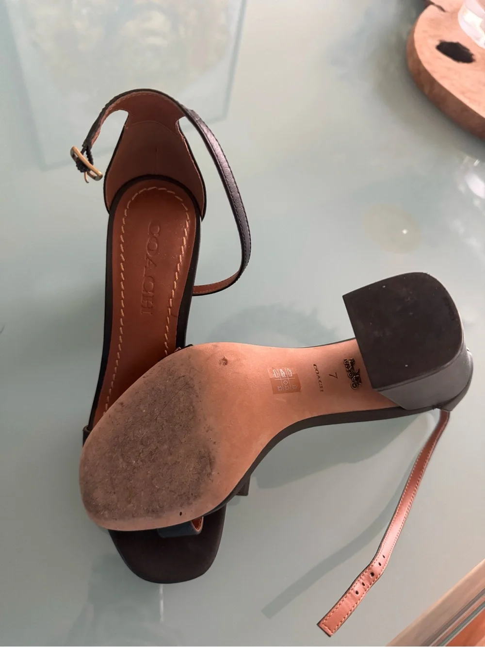 Coach Black Leather Block Heel Sandals with Gold Buckle - Picture 3 of 5